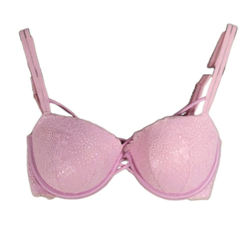 Victorias Secret PINK Date Push Up Bra 34DD Shimmer Pink Lace Strappy Caged Y2K